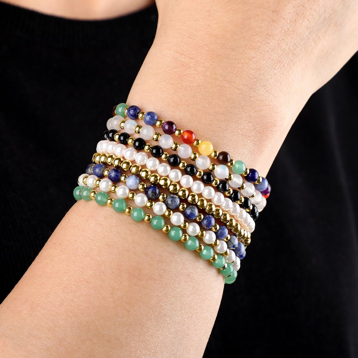 QOGIR 4mm Shell Pearl Beads Gemstone Handmade Stretch Elastic Dainty Beaded Bracelets for Women Gifts