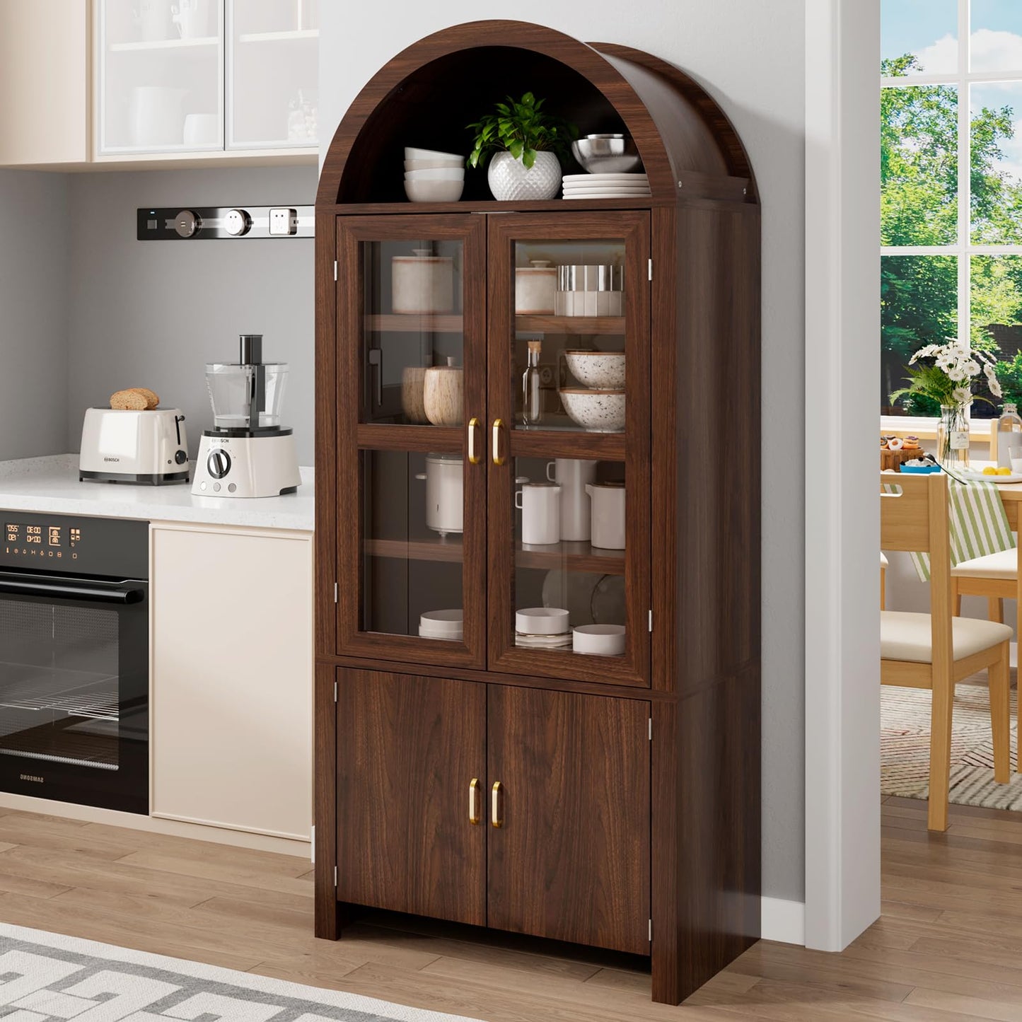 Breezestival 71" Tall Arched Kitchen Pantry Cabinet, Modern Farmhouse Wood Kitchens Storage Cabinets, Cupboard for Dining Room, Kitchen, Bathroom, Brown