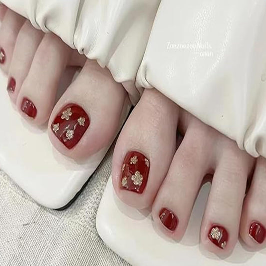FJSMTOPl Red Press on Toenails With Flower Design - Glitter False Toe Nails, Full Cover Acrylic, Gold Glossy Tips - 24 Pcs