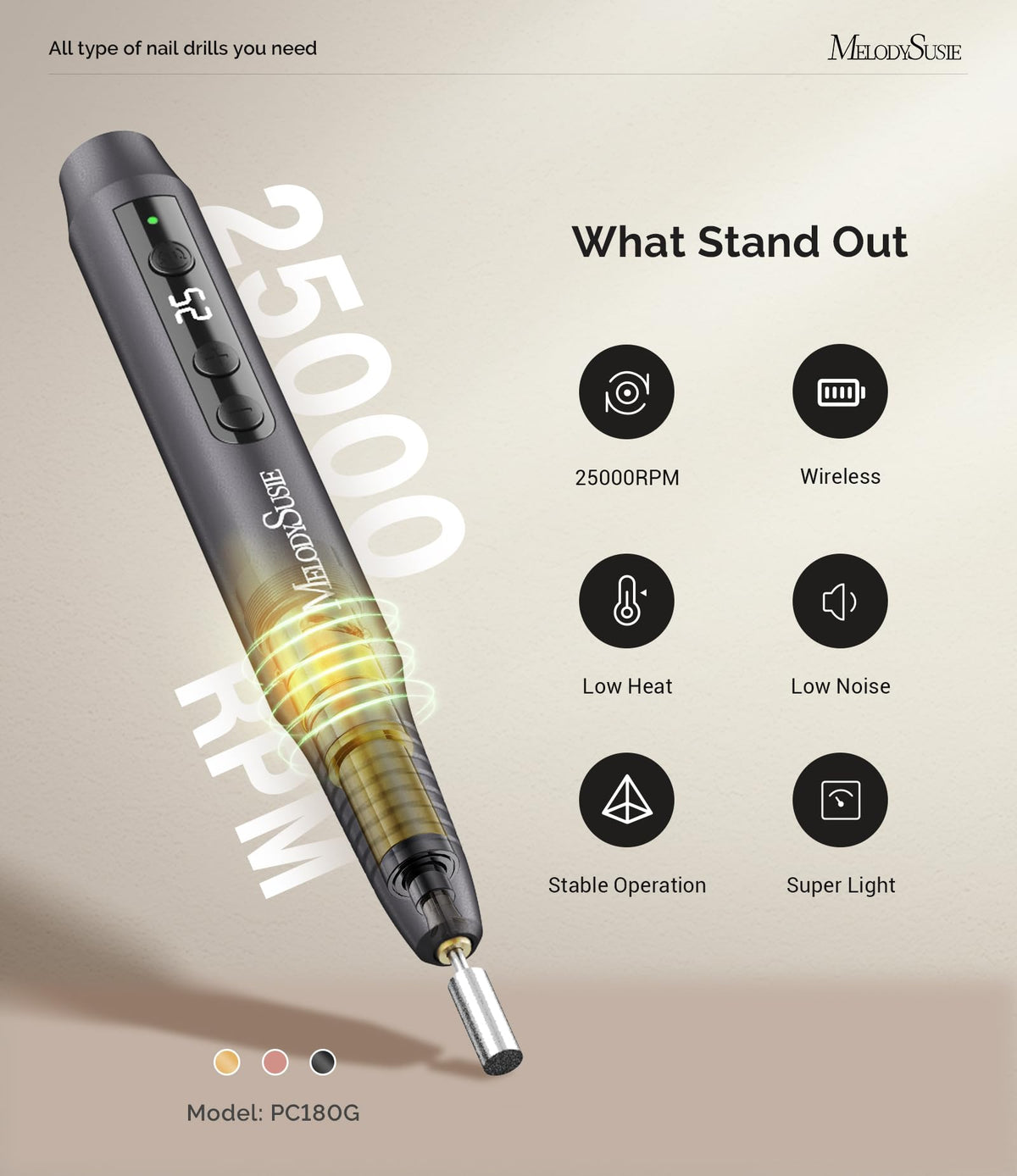 MelodySusie Pen-Shaped Portable Cordless Nail Drill,PC180G 25000RPM Rechargeable Electric File with LED Display for All Nail Care, Manicure Shaping & Acrylic Gel Removal for Nail Artists DIY at Home