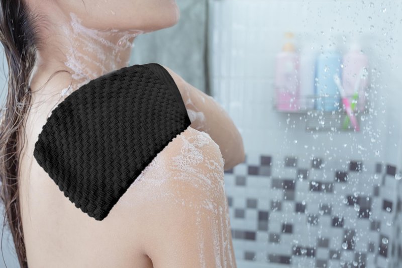 COTTON CRAFT Bath Mitt - Exfoliating Glove - Set of 6 Euro Spa Waffle Weave Towel Mitts - 100% Cotton Body Shower Glove Washcloth with Hanging Loop - Sensitive Skin Friendly - Large 5.5x10 -Black
