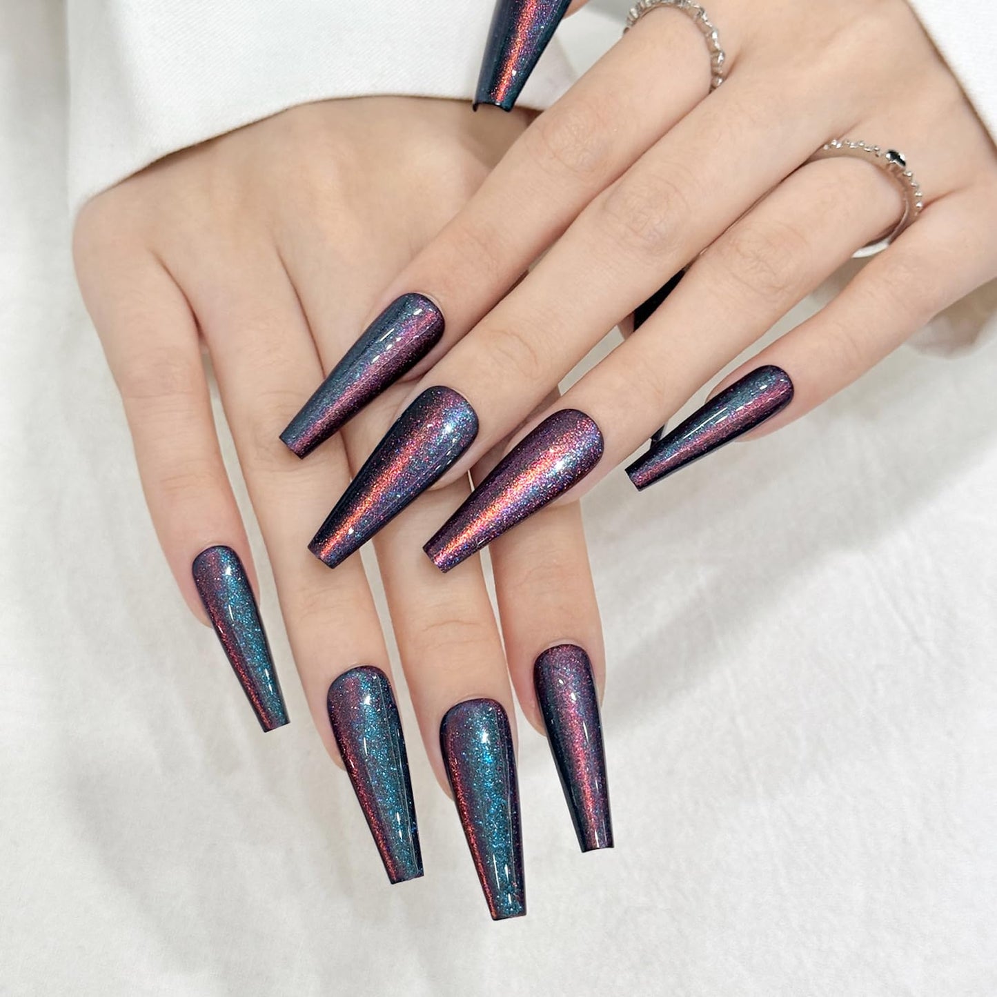 Navy Blue Cat Eyes Press On Nails,12 Sizes - 24 Pcs Soft Gel Blue Long Coffin Fake Nails Kit with Nail Glue, Natural Reusable Stick On False Nails for Women and Girls SK1039