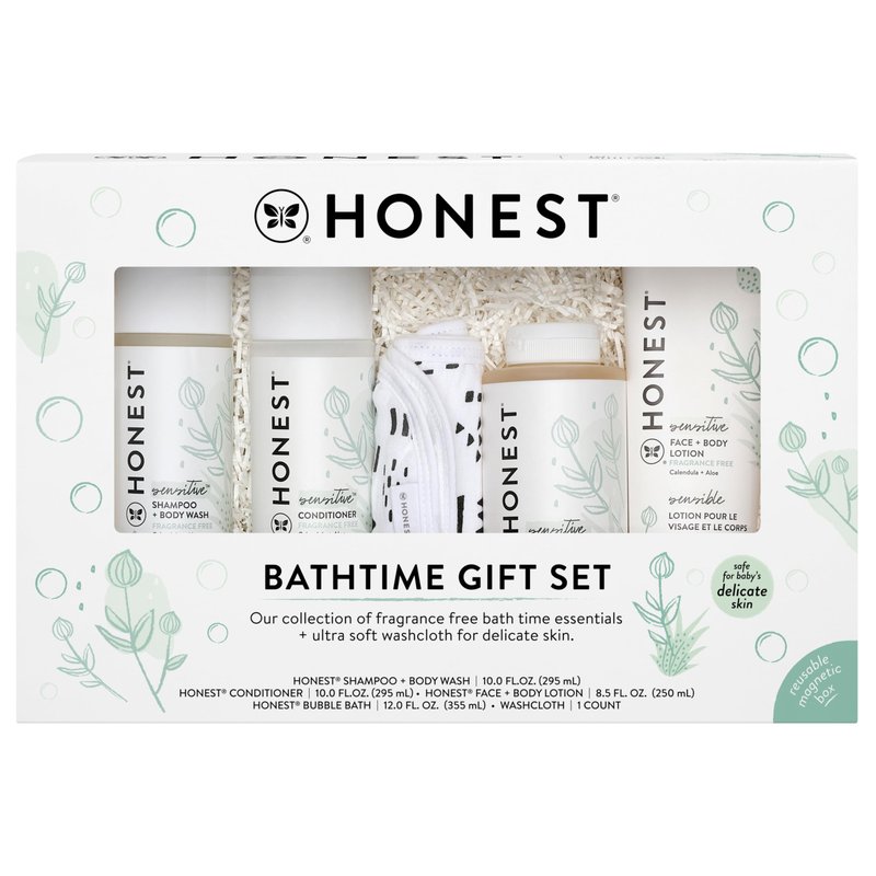 The Honest Company Fragrance-Free Bathtime Gift Set, Hypoallergenic, Bath Essentials for Sensitive Skin, Shampoo and Body Wash, Face Lotion, Bubble Bath, Conditioner, Wash Cloth
