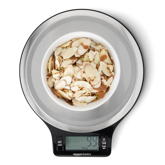 Amazon Basics Digital Kitchen Scale with LCD Display, Batteries Included, Weighs up to 11 pounds, Black and Stainless Steel
