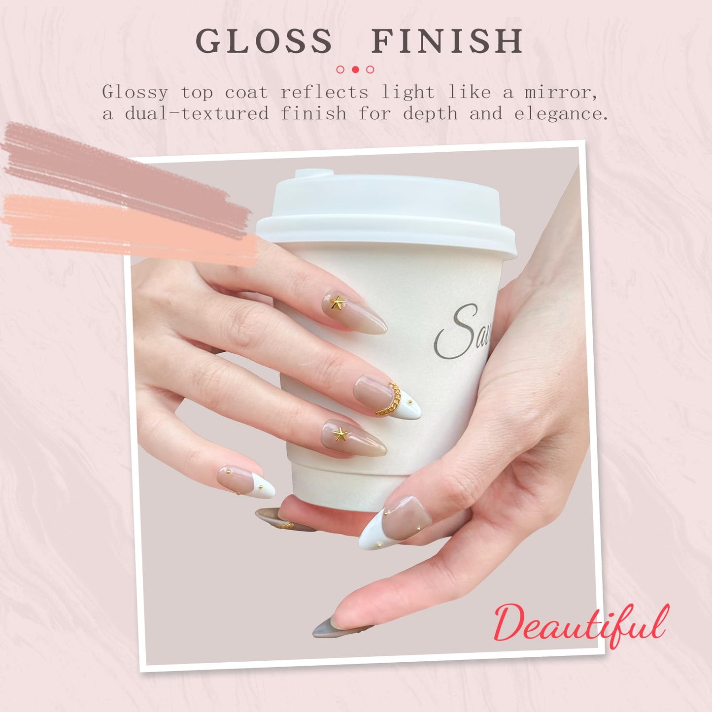 Handmade Press On Nails Medium Almond Shape - 3D Gold Metallic Embellished White French Manicure False Nails, Minimalist Spring & Summer Design | Salon Quality Reusable Fake Nails (10PCS-S)