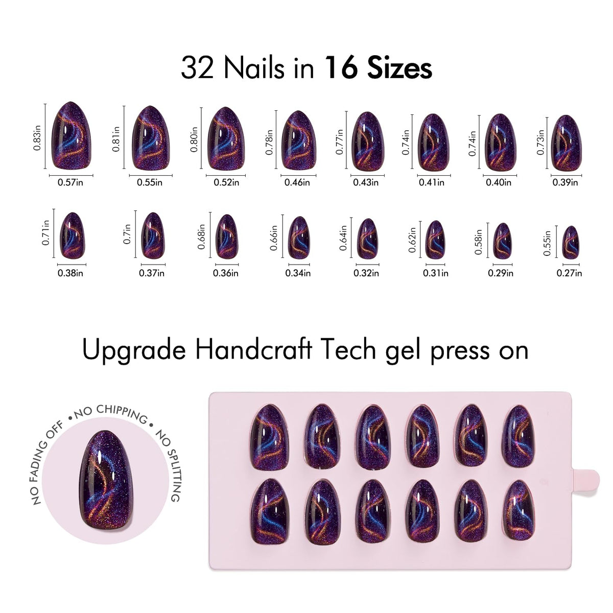 VSALON Press on Nails Short Almond - Cat Eye Fake Nails Dark Purpule Blue Sparkle Ribbon Nails, Reusable Spring Summer Opaque Gel Swirl Glue on Nails with Glue & Cuticle Oil - 32 PCS in 16 Sizes