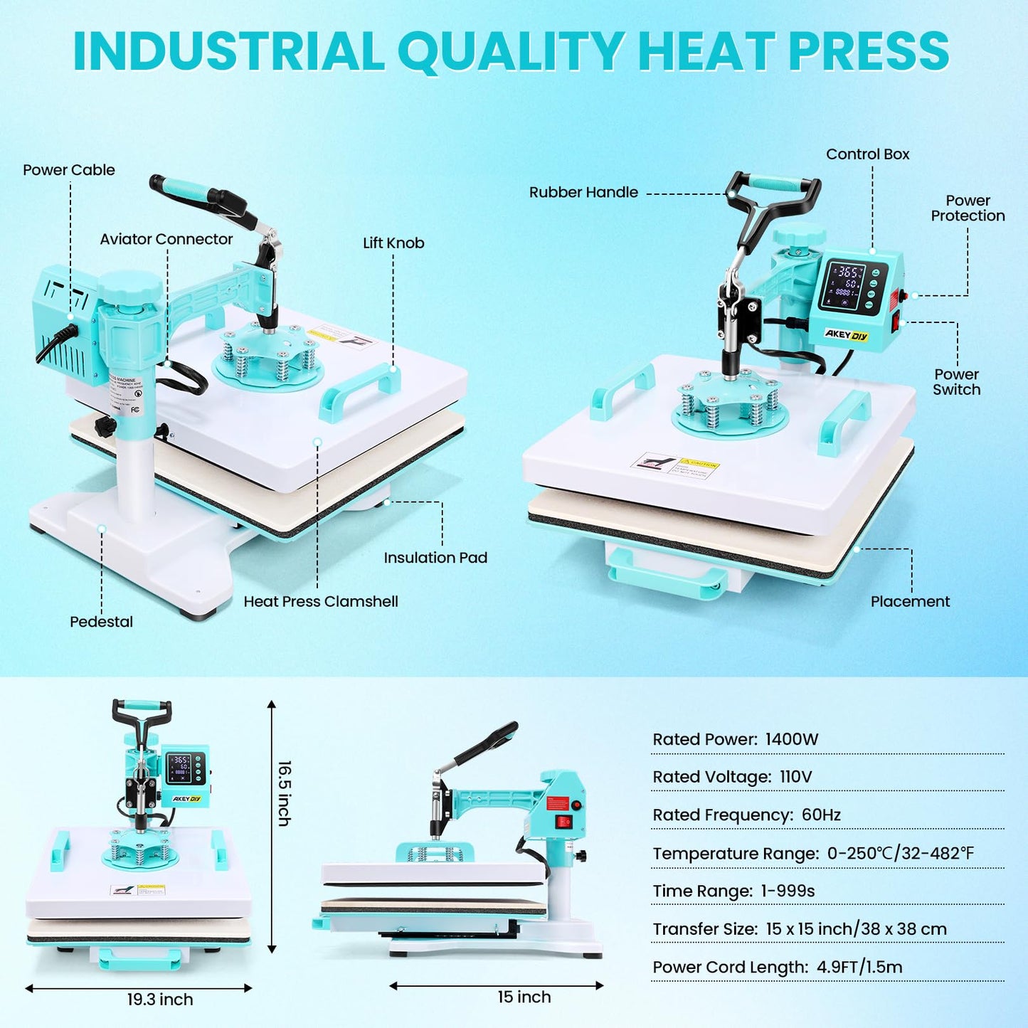 AKEYDIY Heat Press 15x15 inch 8 in 1 with 30OZ Tumbler Press, 360° Swivel Away Slide Out Digital Shirt Press Machine, Industrial Heat Transfer Machine Sublimation for T-Shirt/Tumbler/Mug/Hat/Cap/Plate