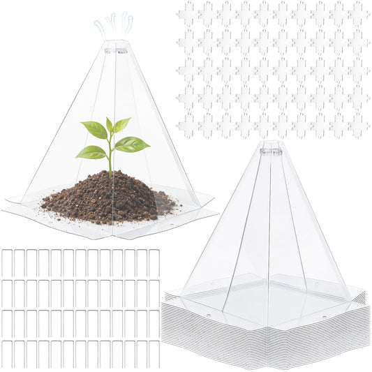 Yalikop 50 Pack Garden Cloches for Plants, Clear Plastic Plant Cloche Covers with 100 Stakes, Reusable Frost Protection Dome for Seedlings, Protect from Snails, Birds, Animals, 7.8" x 11"