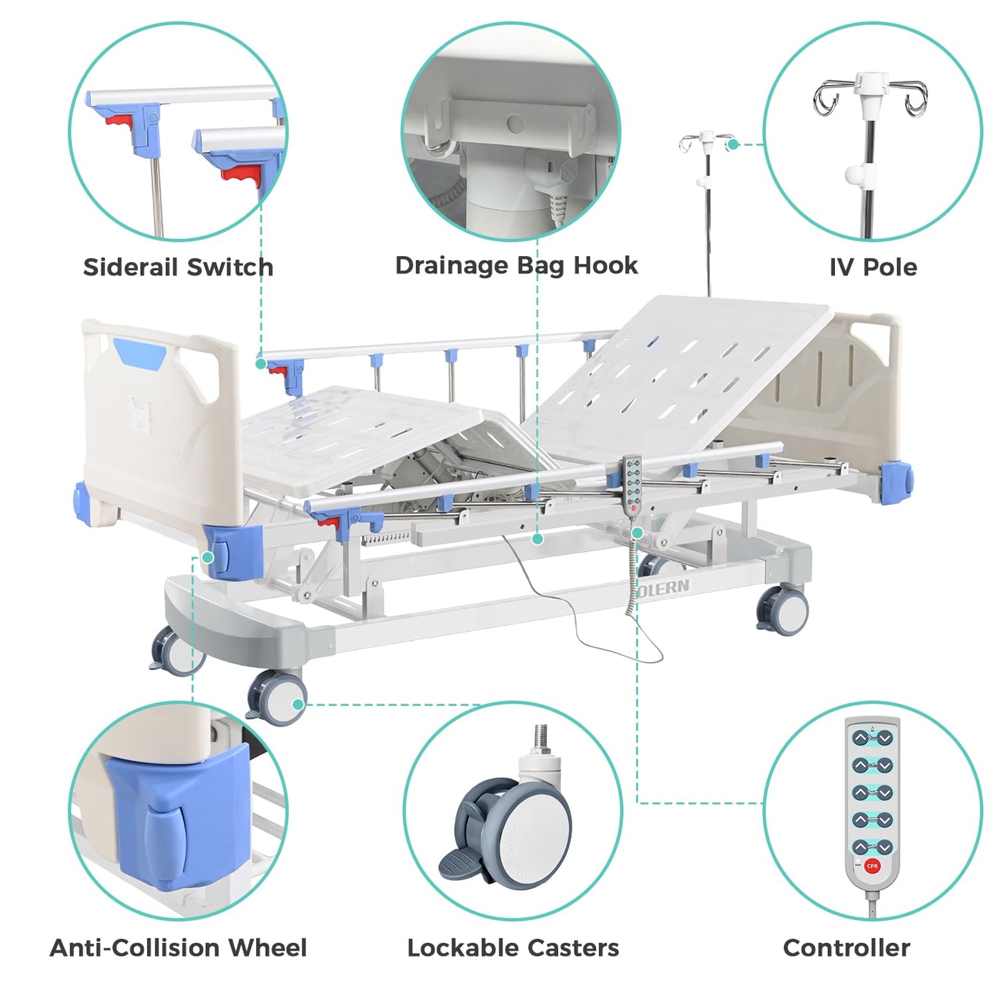 OLERN Premium 3 Function Full Electric Hospital Bed with 4.7" Memory Mattress for Home Use-16.1"-29.1" Height Range, Central Control System-5" Casters, 550LBS Loading, Adjustable Medical Bed Frame