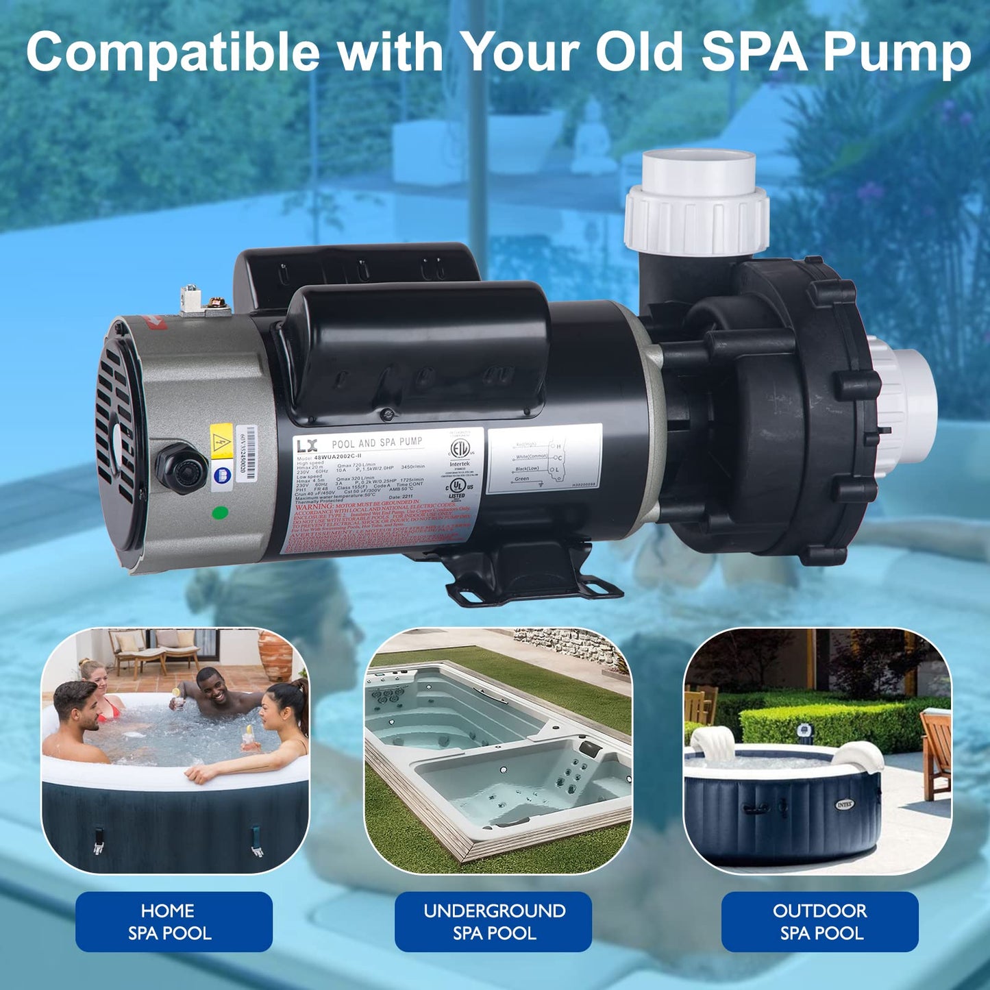 LINGXIAO SPA Pump, 3HP Hot Tub Pump - 2 Speed LX SPA Motor 230V/ 60HZ, 2" Port, 48 Frame(Y) - (Model: 48WUA2002C-II)