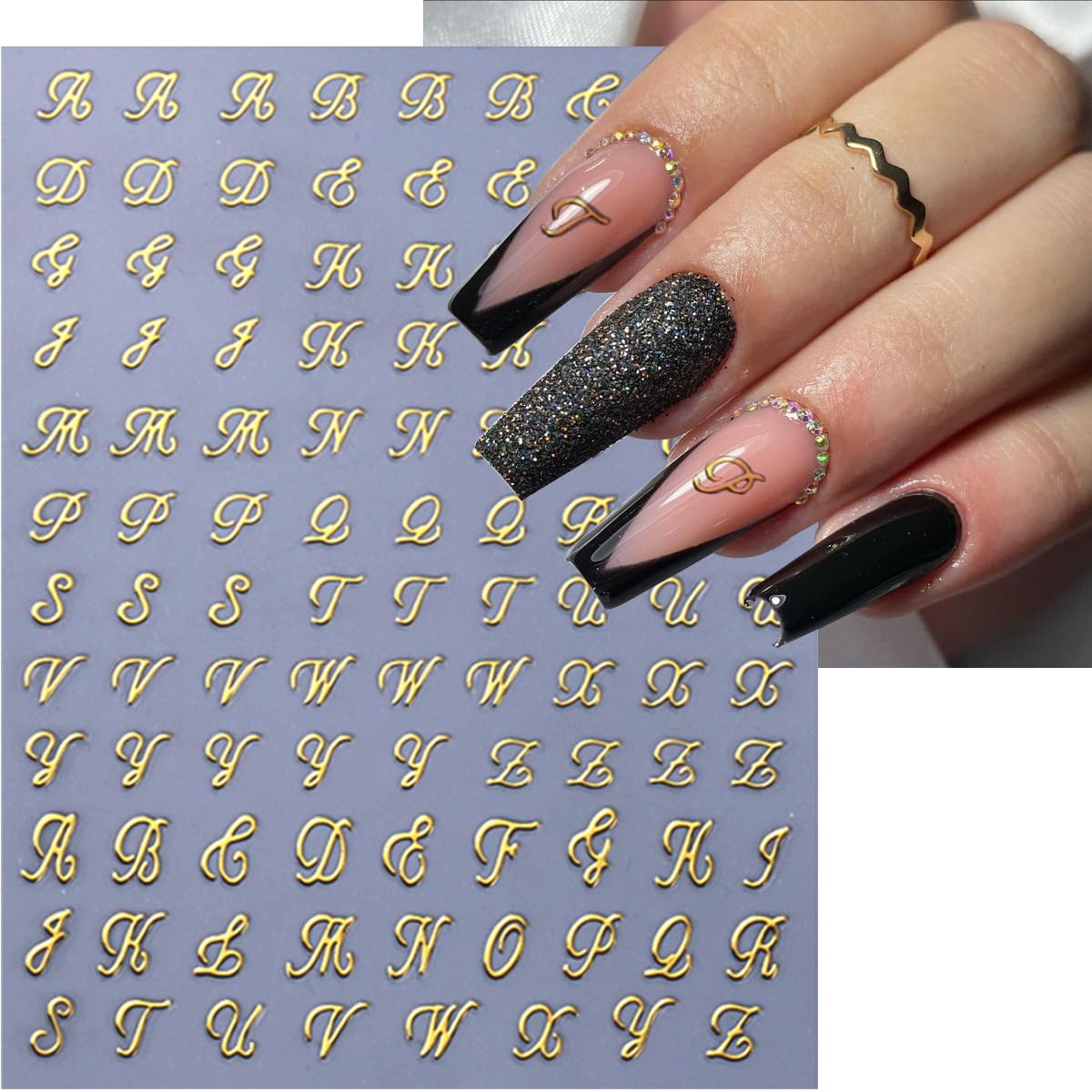 8 Sheets Letter Nail Art Stickers Old English Letter Nail Decals 3D Self-Adhesive Gold Silver Black White Retro Nail Decor Cute Nail Design Stickers Alphabet Cursive Nail Art Supplies for Women DIY