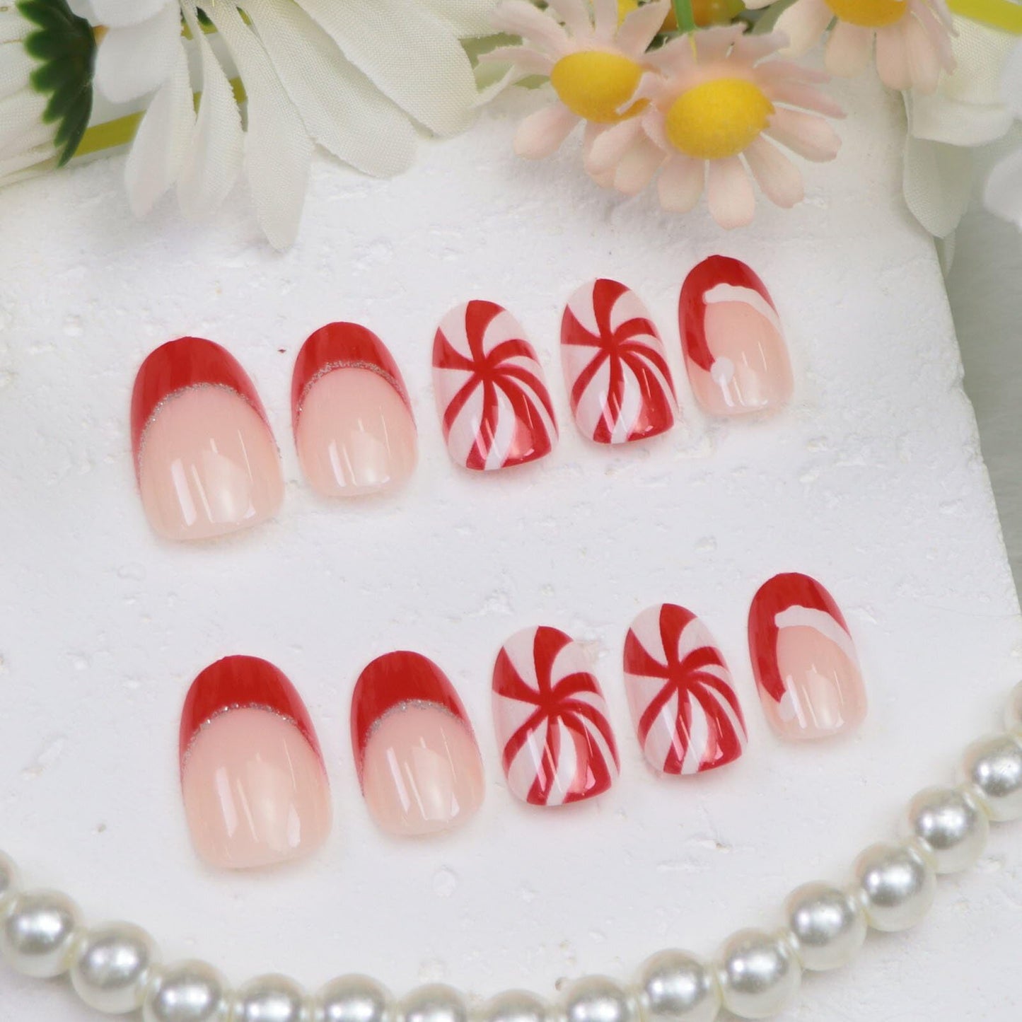 Christmas Press on Nails Short Oval French Tip Fake Nails with Swirl Glitter Designs Christmas Nails Press ons White Red Glossy Acrylic Nail Winter Stick on Nail for Women 24 Pcs