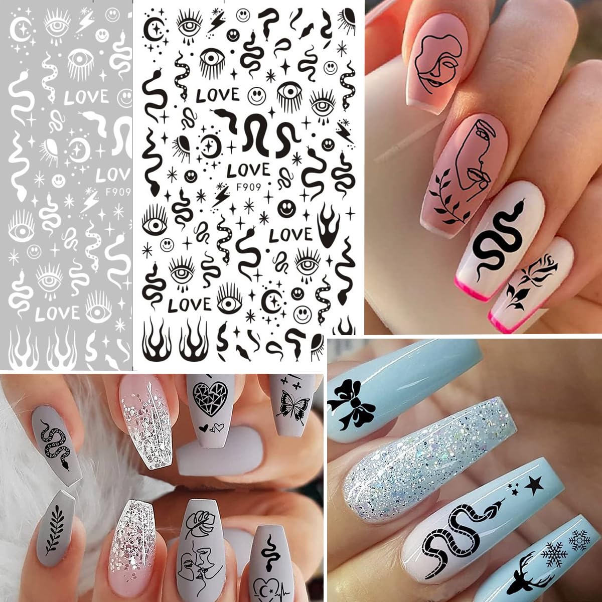 DZPGUONIZ 10 Sheets Black White Nail Art Stickers Snake Nail Decals Star Moon Star Rose Leaf Flame Nail Art Supplies Butterfly Acrylic Nail Supplies 3D Goth Snake Nail Design Stickers DIY Nail Decor