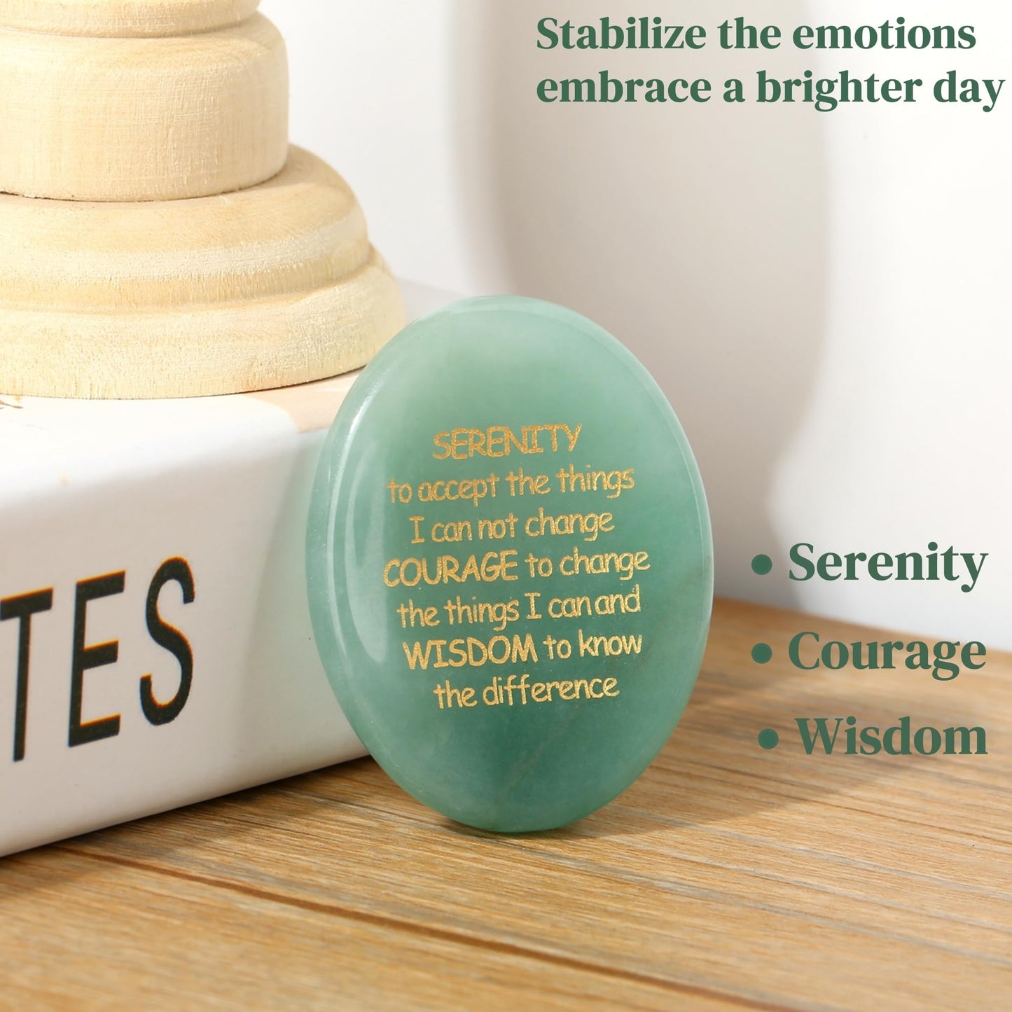 QINJIEJIE Serenity Prayer Green Aventurine Crystal Healing Stones Engraved Inspirational Stones Anxiety Relief Items Worry Stones for Anxiety Encouragement Gifts for Women Men Stocking Stuffers Adults