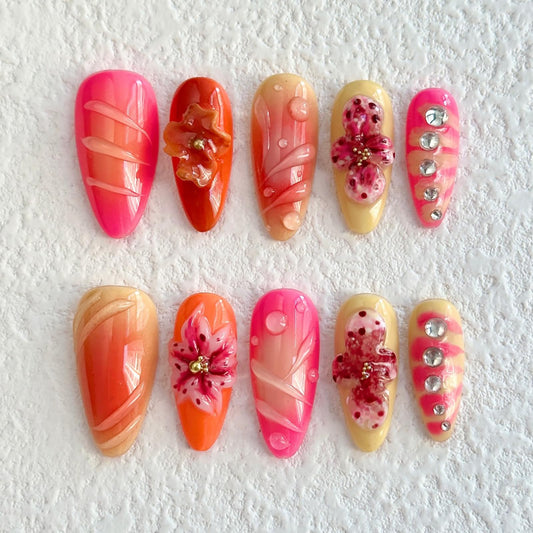 Luxury Press on Nails Medium Almond Handmade 3D Unique Reusable ABS Material Fake Nails Tropical False Nails with Designs Rhinestones Flower Art Petal Glossy Glue on Nails Thick Acrylic Nails(M)