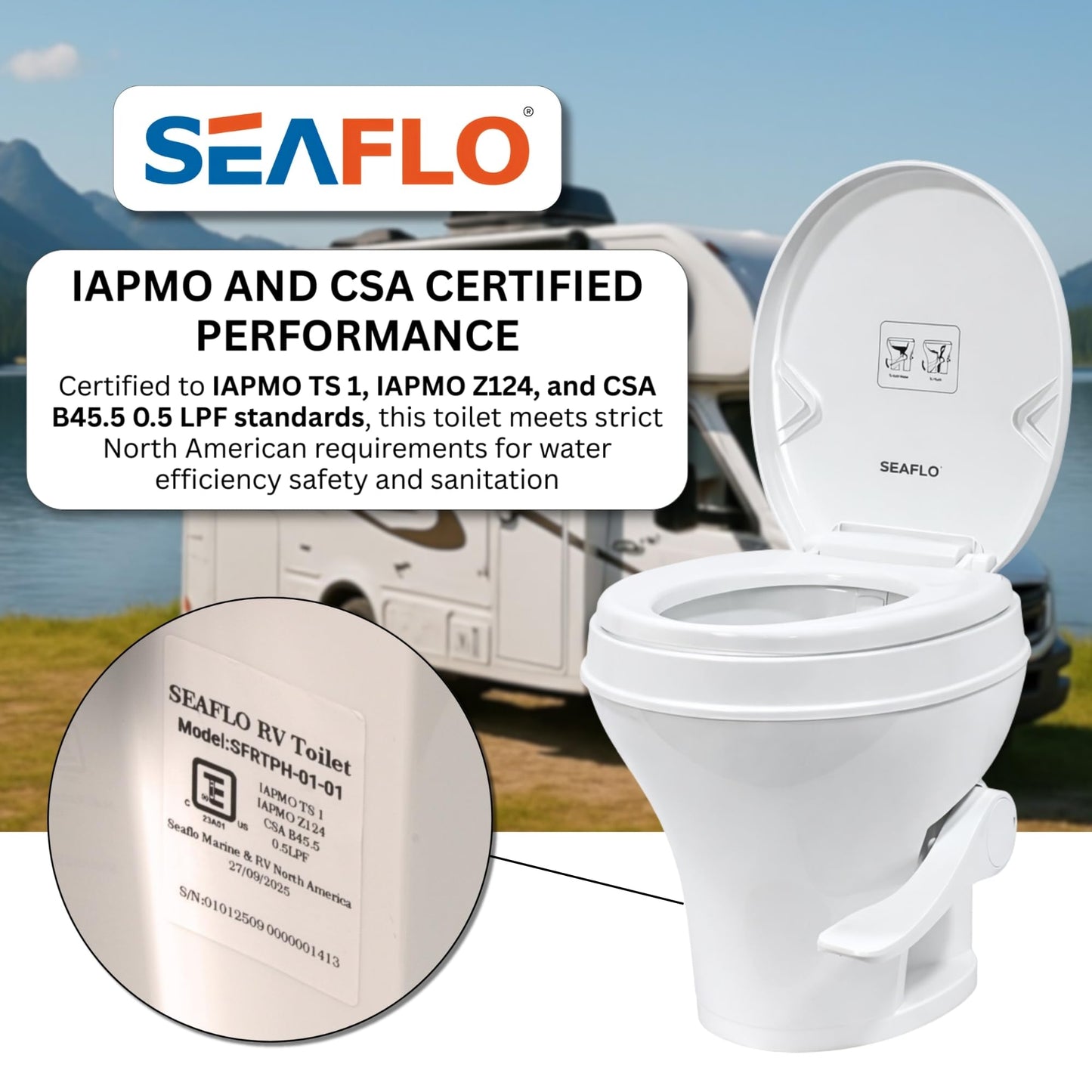 SEAFLO RV Toilet, 18.4” Residential Height, Gravity Flush System, Foot Pedal Operation, Soft Close Seat, for RV Motorhomes Campers, IAPMO & CSA Certified - 4-Year Warranty