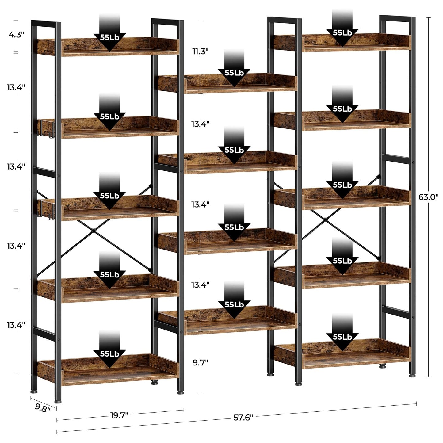 Rolanstar Bookshelf 5 Tiers, Triple Bookcase with Open Display Shelves, Industrial Wide Bookshelf with Metal Frame for Living Room, Office, Rustic Brown
