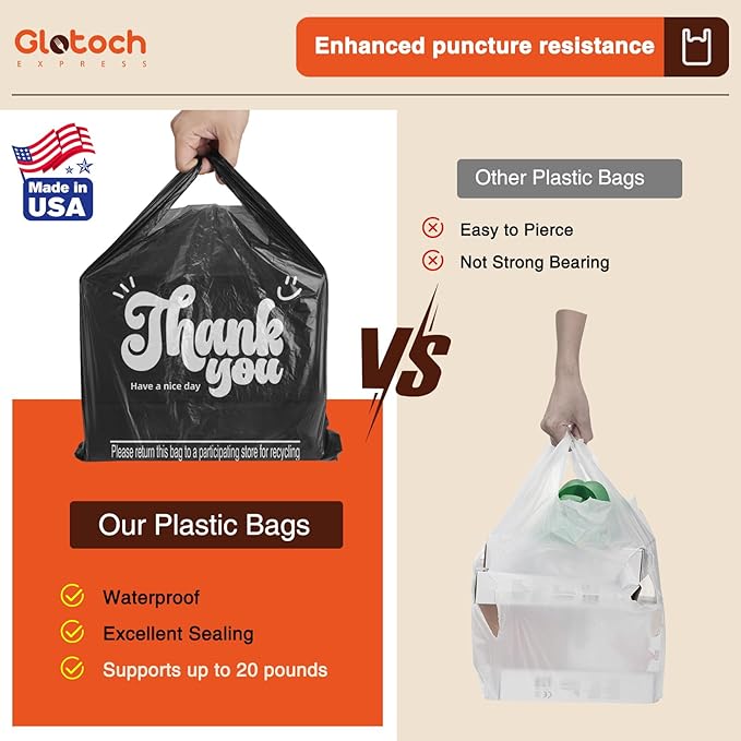 Glotoch 20000 (20K) Count Black Plastic Thank You T-shirt Bags, 11.5 x 6.5 x 21" Grocery Shopping Bag with Handles for Restaurant, Retail, Togo, Takeout, Convenience Stores, in Bulk for Small Business