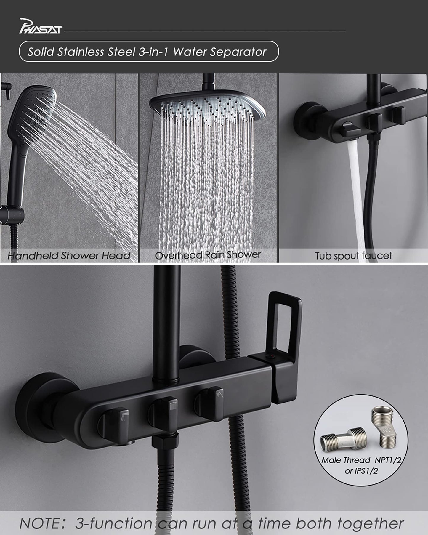 PHASAT Shower Fixtures Brass 3 Function Bathtub Faucet Set Wall Mounted Exposed Shower System,Matte Black,CT8525