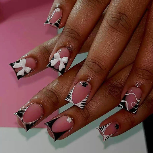 CTTHNBD Press on Nails Short - Square Fake Nails with Bow Floral Charms Design - Zebra Stripes French Tip False Nails - for Women 24 Pcs