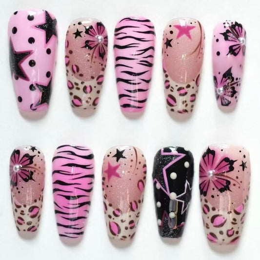 30Pcs Medium Press on Nails Square Fake Nails with 3D Pearl-decorated Y2K Style Five-Pointed Star Zebra Stripe Flower Design Glossy False Nails French Nail Tips Cute Stick on Nails for Women