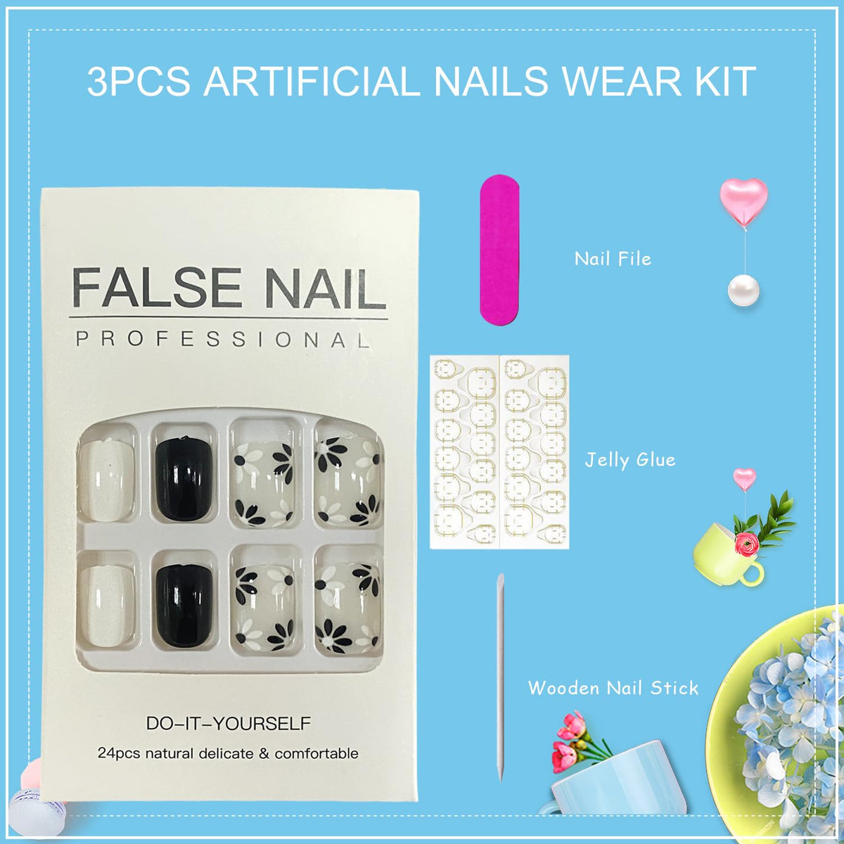 Tyuimhx Flowers Press on Nails Square Short Fake Nails White & Black Daisy Designs False Nails Glossy Full Cover Stick on Nails Acrylic Floral Artificial Nails for Women Girls Glue on Nails 24Pcs