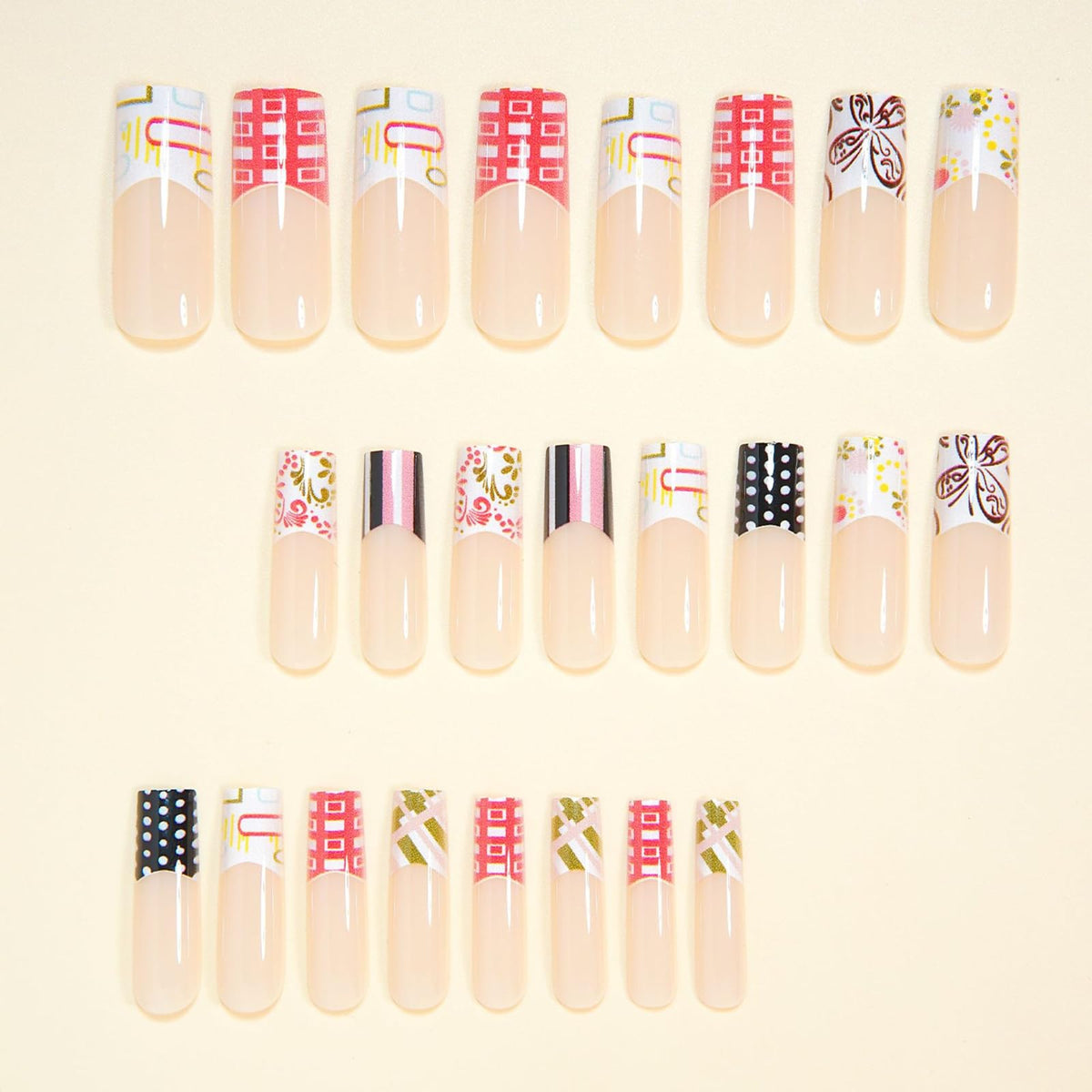 IMRAIN Long Press on Nails Square Fake Nails Artificial Acrylic French False Nails with Butterfly, Flower, Polka Dot Designs Full Cover Stick on Nails for Women 24Pcs