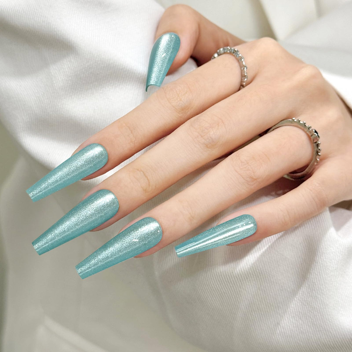 Sky Blue Cat Eyes Press On Nails,12 Sizes - 24 Pcs Soft Gel Blue Long Coffin Fake Nails Kit with Nail Glue, Natural Reusable Stick On False Nails for Women and Girls SK1048