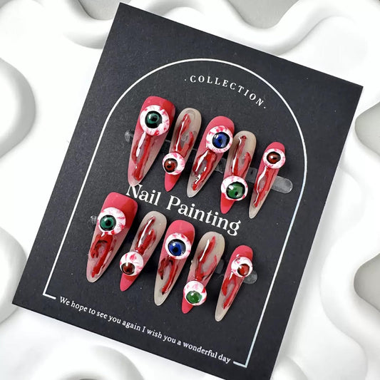 Handmade Press on Nails Halloween Nail Press on Nails Long Stiletto Fake Nails with Evil Eyes Design Red Blood False Nails Ombre Handmade Nails for Women Girls Holiday Manicure 10pcs Size L
