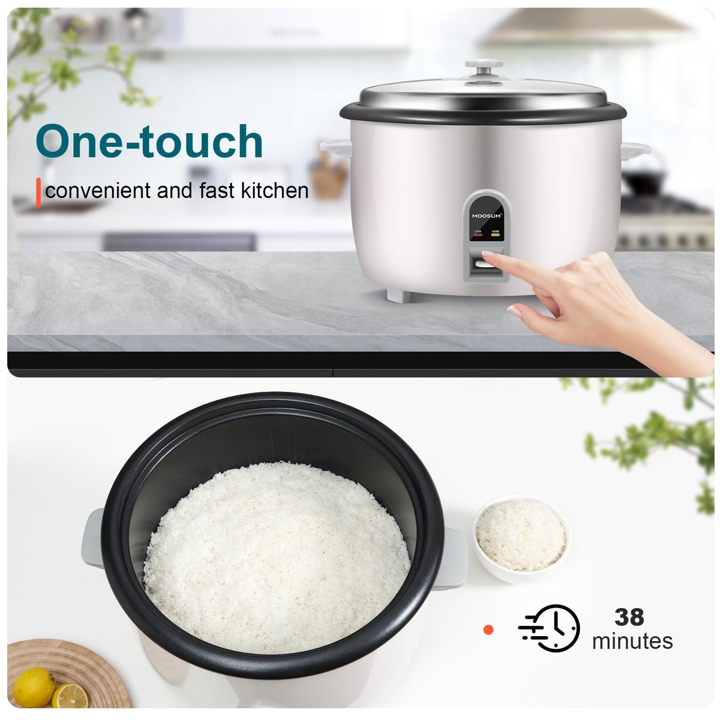 MOOSUM Commercial Rice Cooker, Large Capacity 30-Cup (UnCooked), 60-Cup (Cooked) with One Touch Operation and 12-Hour Keep Warm, Easy to Use and clean, 1600W, White