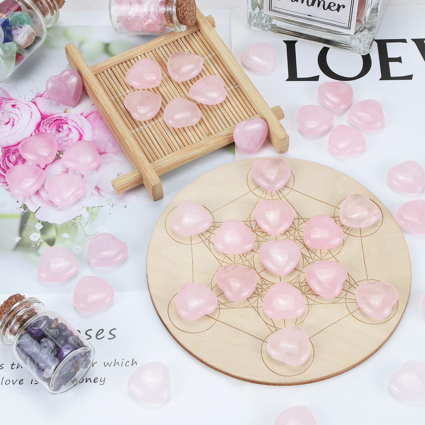 NUKAYAI 20PCS Rose Quartz Crystals Pink Trinkets Hearts Worry Stones Polished Healing Crystal Natural Cute Pocket Tiny Love Set Reiki Balancing Meditation Mothers Day Bulk Gifts for Women