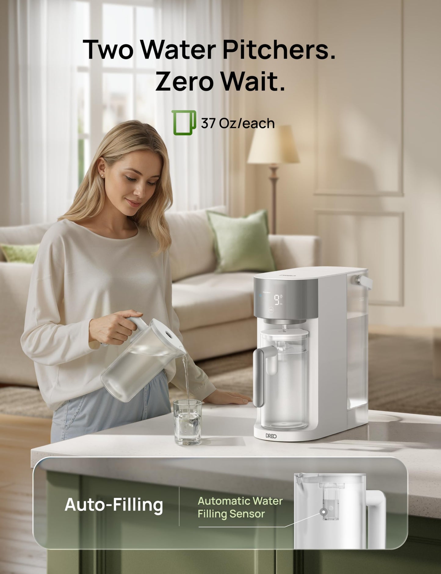DREO Reverse Osmosis Water Filter Countertop, RO Filtration System, 3:1 Pure to Drain, TDS & Filter Life & 2 Autofill Pitchers, Self-Cleaning Water Purifier, RO Water Filter
