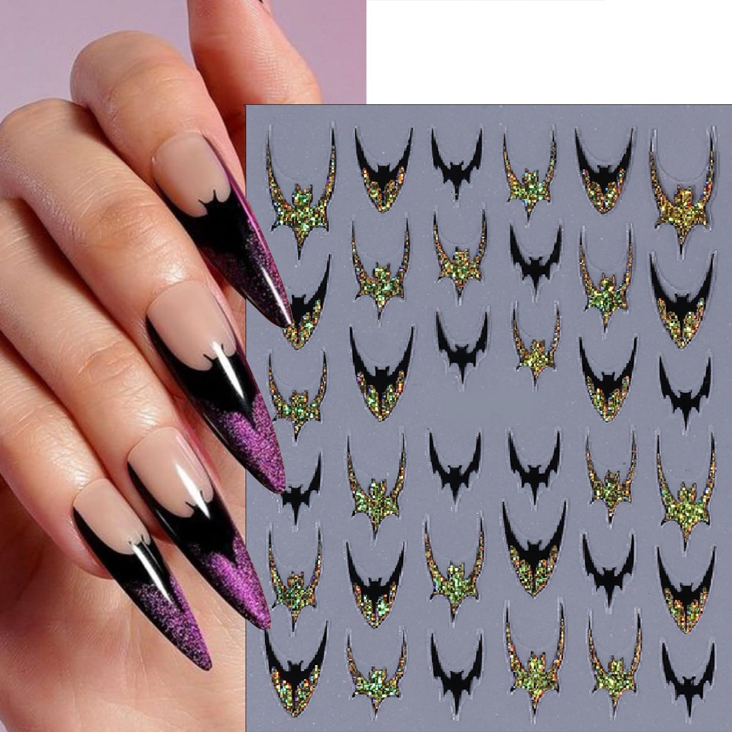 6 Sheets Halloween Bat Nails Art Stickers Glitter Holographic Gold Silver French Bat Design Nail Sticker Halloween French Sticker for Nails Decals Decals Holiday Decoration Kit for Women DIY Nails