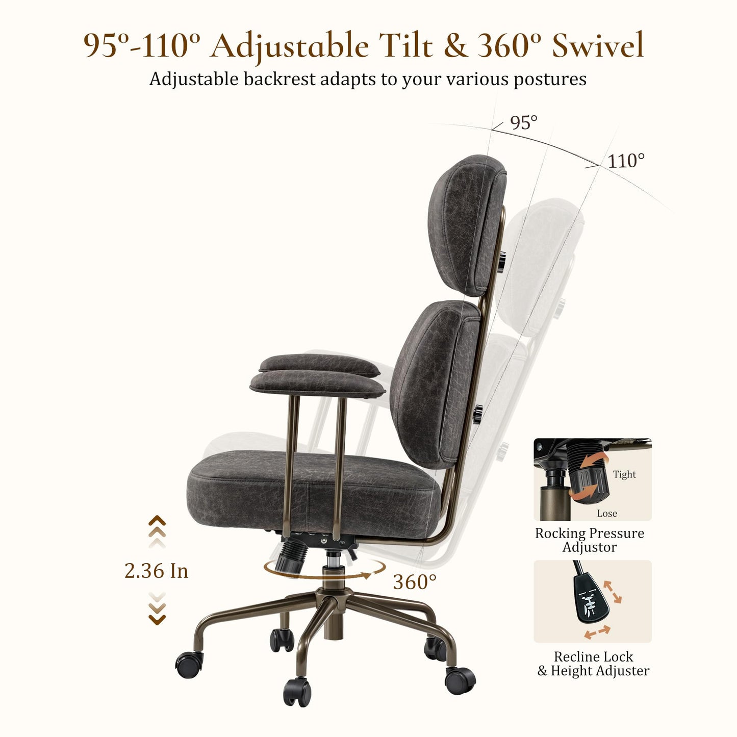 EUREKA ERGONOMIC Home Office Desk Chairs, Ergonomic Computer Chair with High Back, Executive Office Chair with Lumbar Support, Spring Cushion Seat, Mid-Century Modern, Brown-Gray