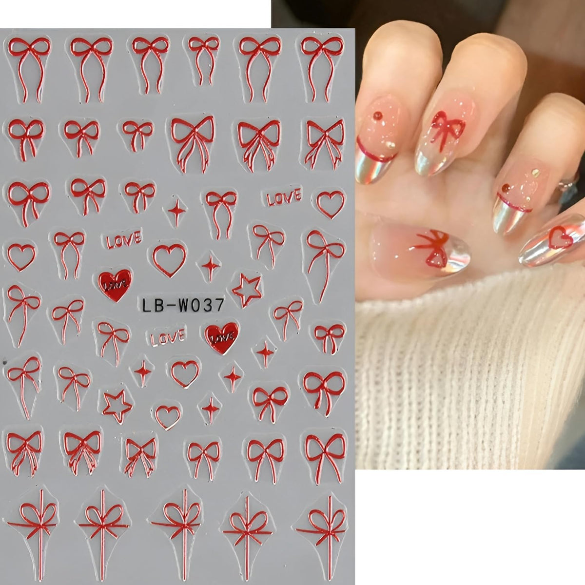 12 Sheets Bow Nail Stickers for Nail Art White Red Pink Bow Nail Decals 3D Self Adhesive Heart Nail Art Stickers Bow Nails Art Supplies for Women Girls