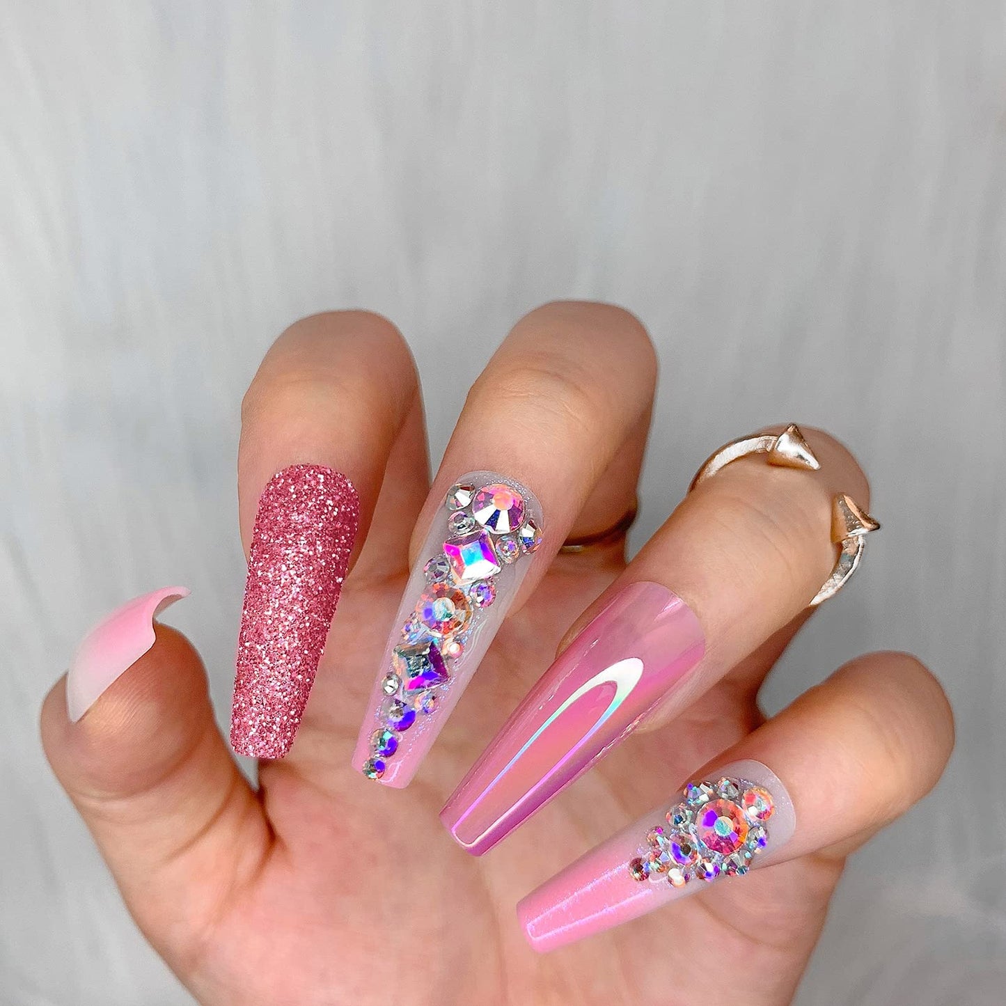 Artquee 36pcs Pink Ombre Crystal Press on Nails with 3D Rhinestones Mixed Pink Metal and Glitter Glossy False Nails Long Ballerina Coffin Flash Fake Nail Tips Manicure for Women