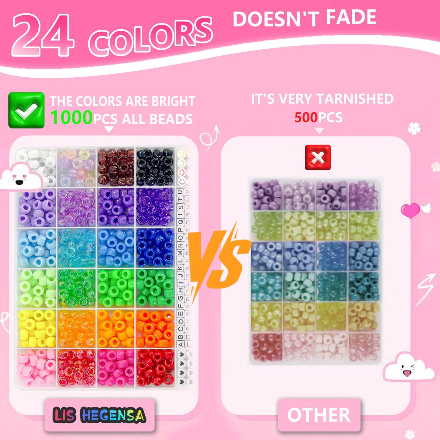 LIS HEGENSA Pony Beads Bulk,Kandi Beads for Necklace Jewelry Making Hair Braiding,Bracelets Making Kits,Hair Bead,Bracelet Plastic Bead for Crafts Braids Girls(24 Color,1000PCS)