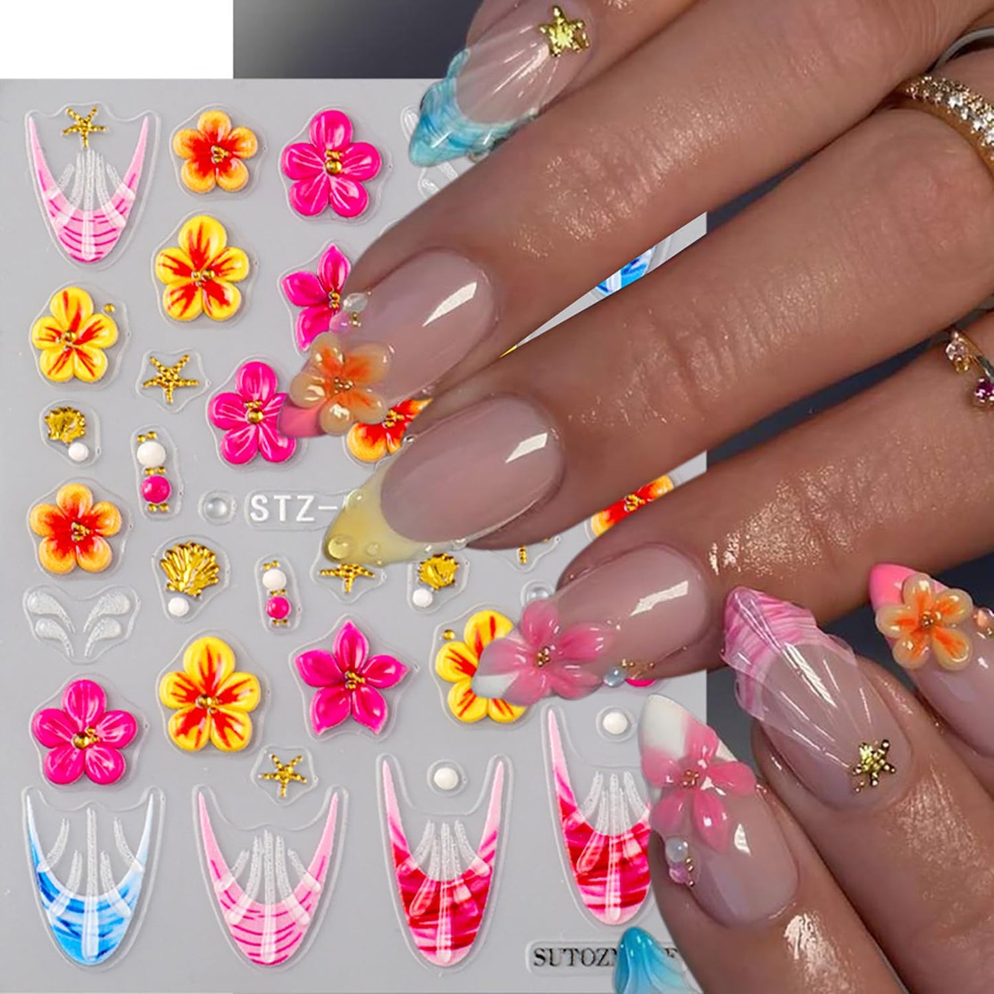 CJDLTS 2 Sheets 5D Flower Nail Art Stickers 5D Relief Self -Adhesive Green Vines with Gradient Flowers Nail Decals Holographic Ripple French Nails Stickers for Women Acrylic Nails Decoration Supplies