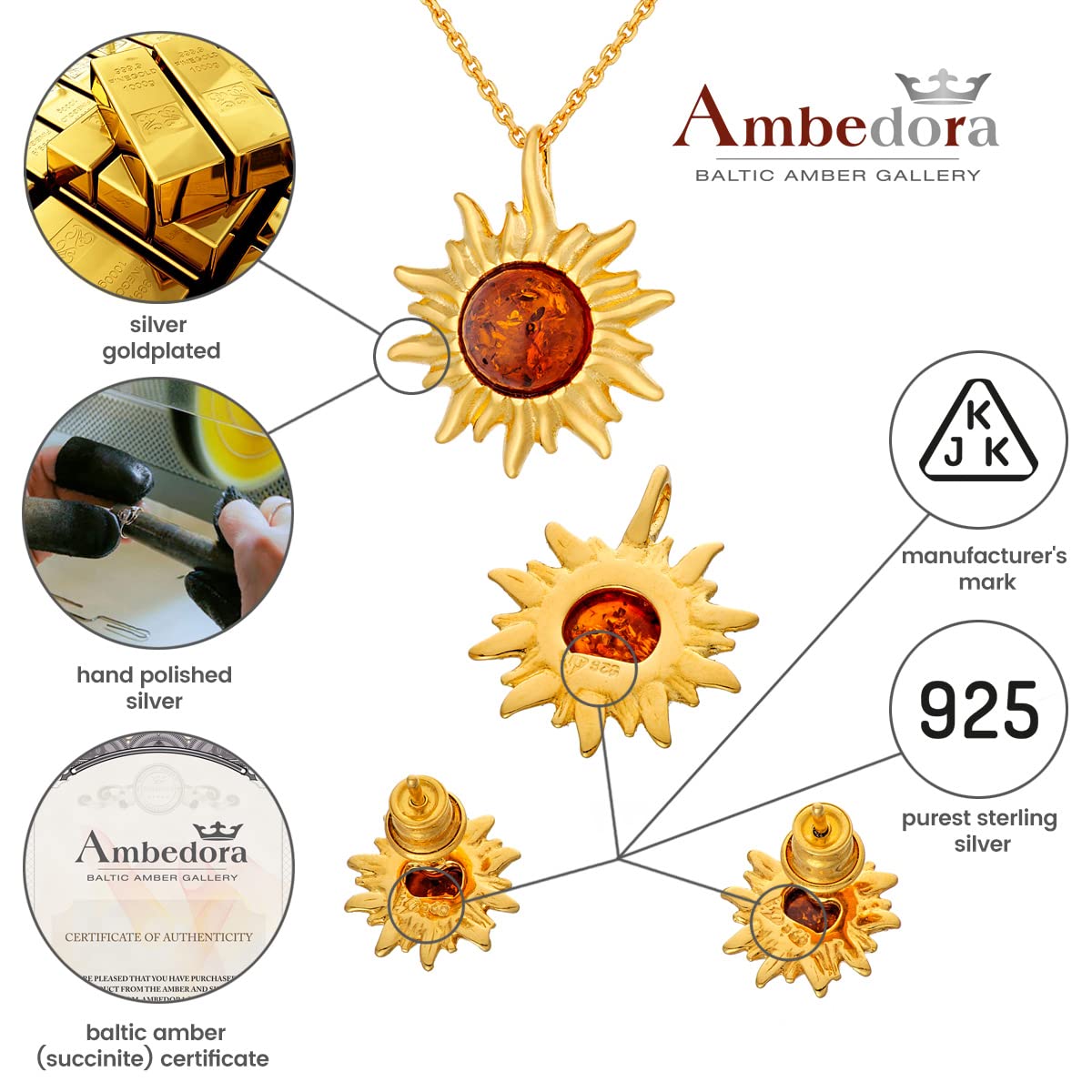 AMBEDORA Women's Jewellery Set Little Sun, Gold Plated Sterling Silver, Baltic Amber in Cognac Colour, Gold Plated Pendant on Chain and Earrings