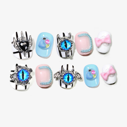Sun&Beam Nails Handmade Press-on Short Round Black Pink White Blue Hand-painted Design Cool Fashionable False Nail Tips 10 Pcs (#147 S)