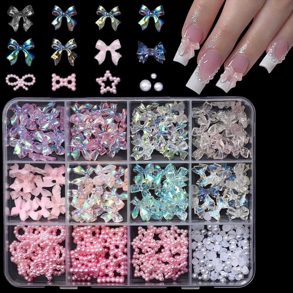 Bow Nail Charms 3D Resin Pink Pearl Circle Nail Gems Cute AB Crystal Clear Bowknot Nail Jewels Star Rhinestones Nail Art Supplies for Women DIY Acrylic Nail 12 Grids 1 Box 12 Styles