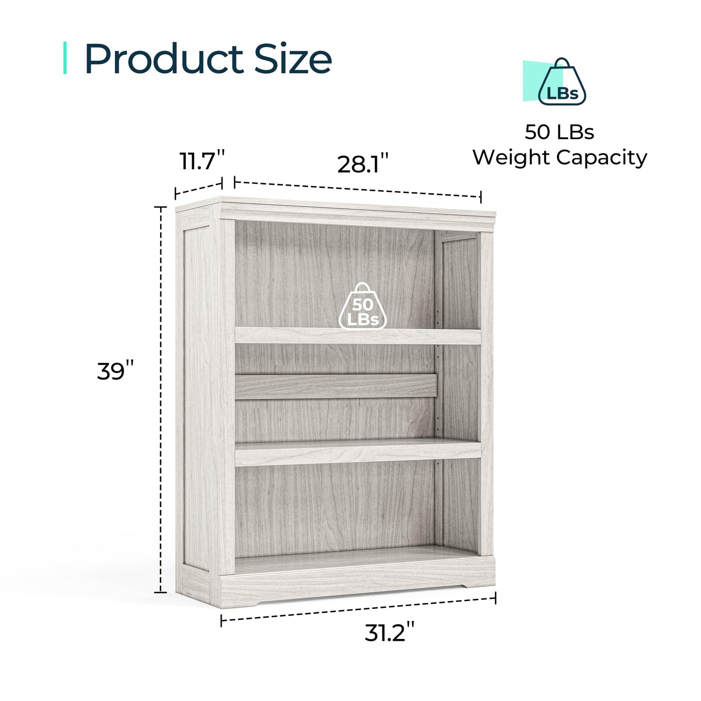 LINSY HOME 3-Tier Bookcase, Small Bookshelf Wood Display Storage Shelves Farmhouse Bookshelf for Home Office, Living Room, Bed Room - White Oak