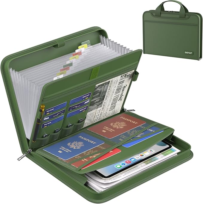 ENGPOW Accordion File Organizer,Fireproof Expanding File Folder with Multi Pockets,13 Pockets Document Organizer with Handle & Labels,Portable Home Travel Safe Storage for Letter A4 Files,Green