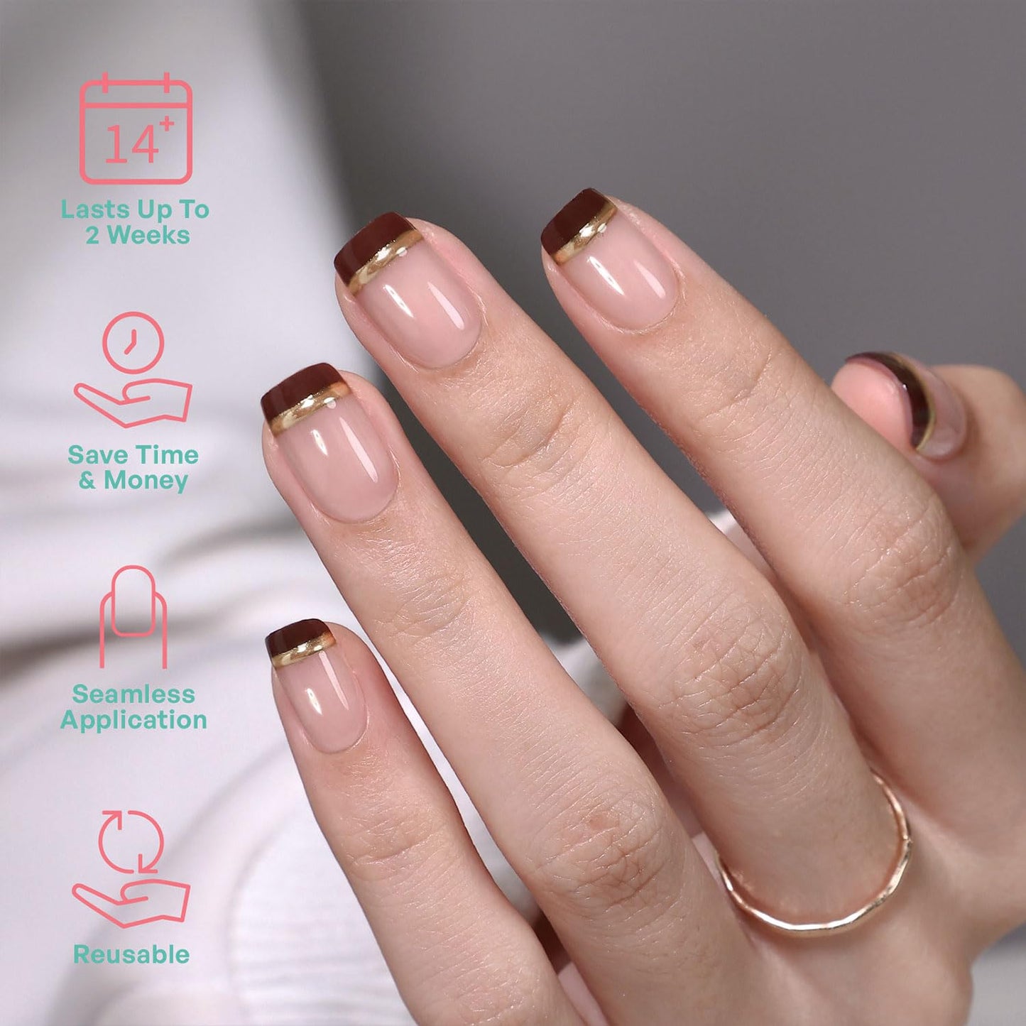 Brown French Tip Press on Nails Short Square - GJZEZ Soft Gel Glossy Autumn Thanksgiving Fall Fake Nails Press ons with Gold Stripes Designs for Women | 16 Sizes - 32 Reusable False Nail, Espresso