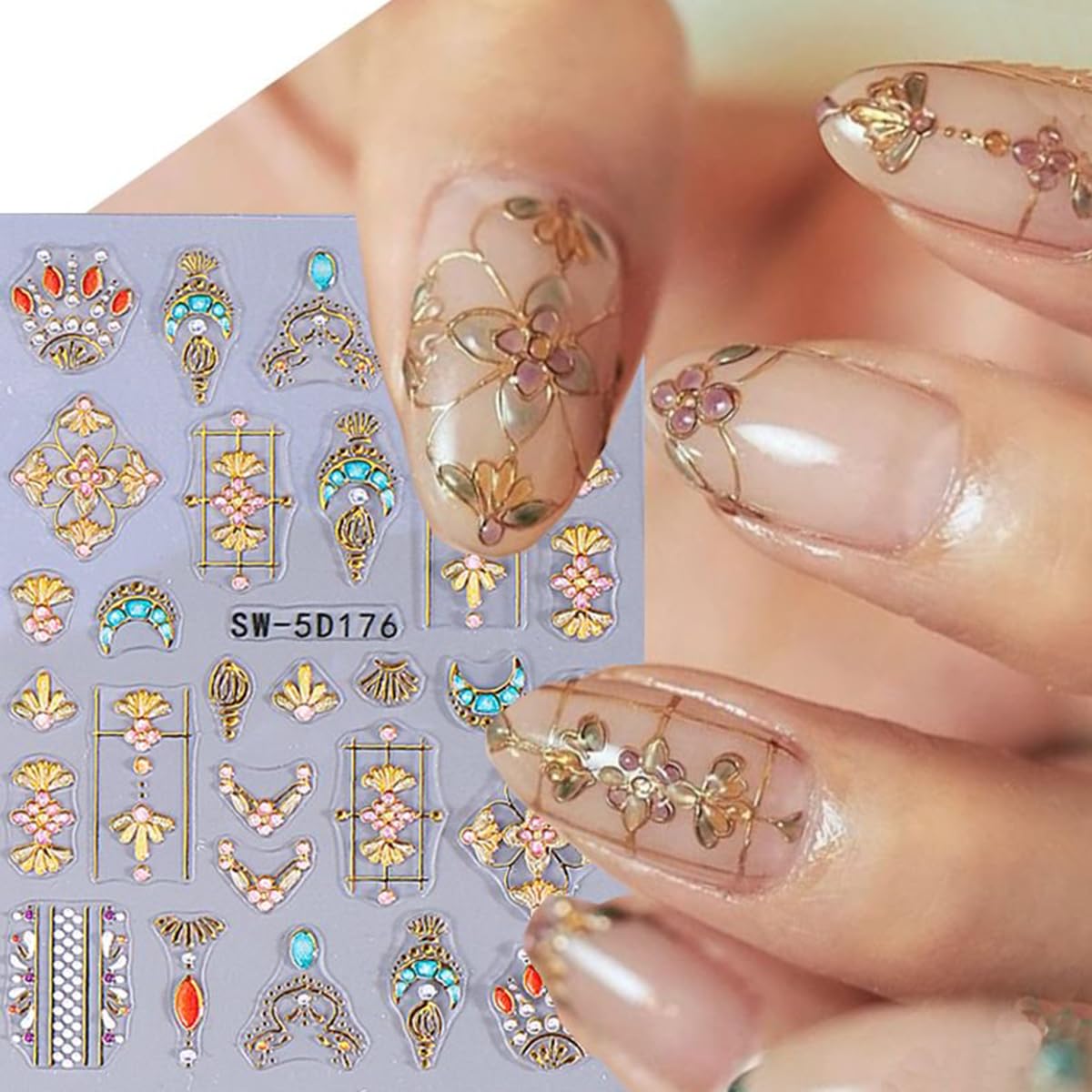 5D Embossed Star Sun Nail Art Stickers Flower Nail Decals Self-Adhesive Bohemian Style Nail Stickers Nail Designs Decoration for Women Girls Nail Art Supplies 2 Sheets