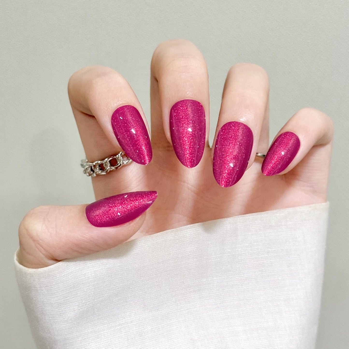 Rose Red Almond Cat Eyes Press On Nails,12 Sizes - 24 Pcs Soft Gel Red Medium Fake Nails Kit with Nail Glue, Natural Reusable Stick On False Nails for Women and Girls SK1024