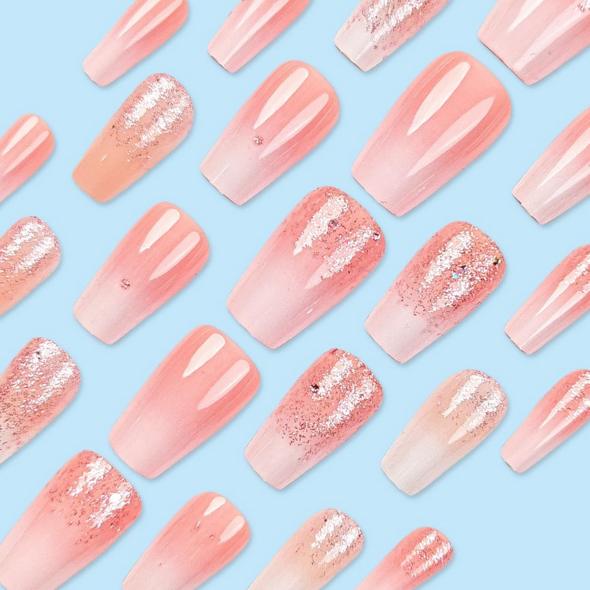 SWEKKE Ombre Press on Nails Medium Almond Pink Glitter Designs Full Cover Glossy Glue on Nails Acrylic Nails for Women Girls 24Pcs