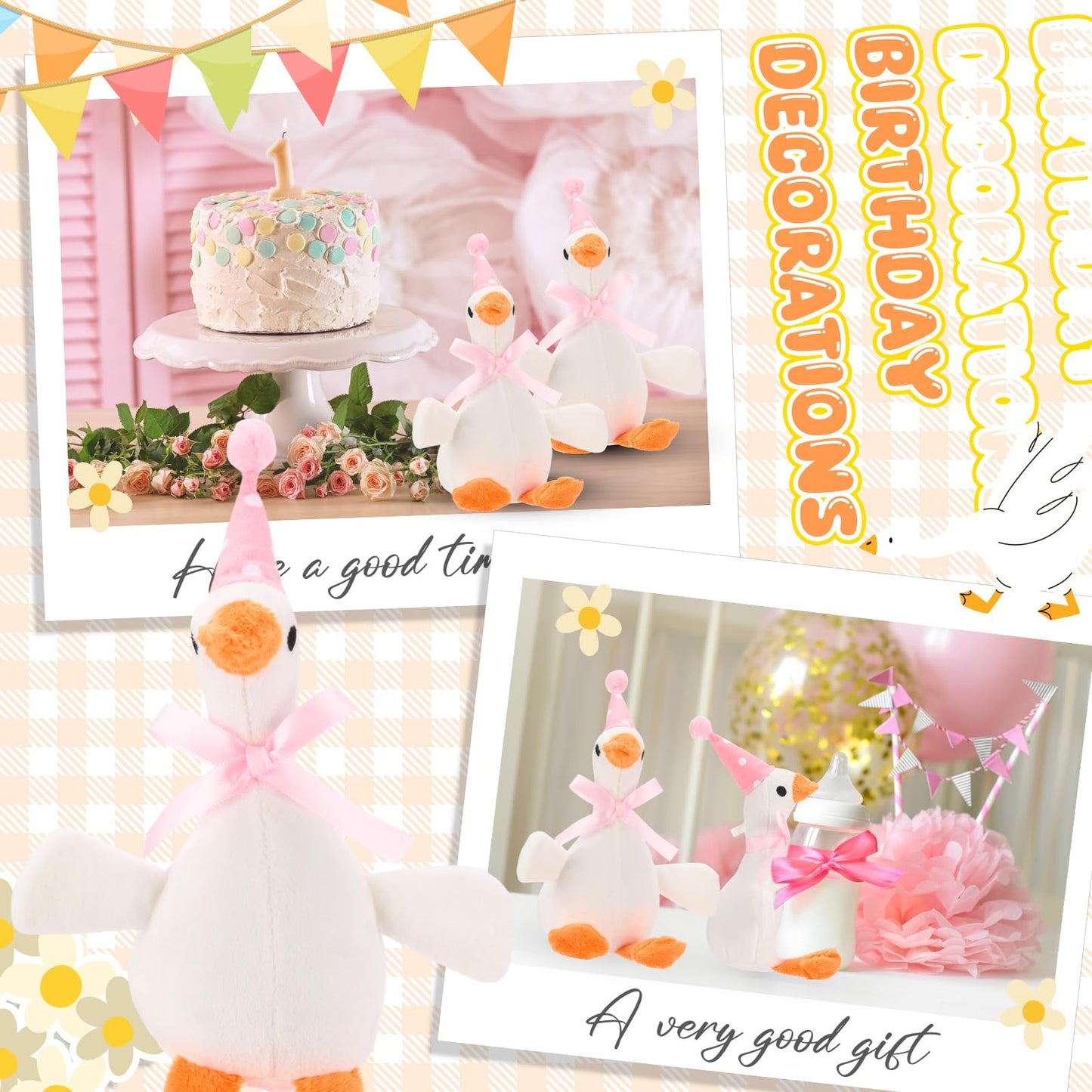 Vertintong 24 Pcs Silly Goose Plush Stuffed Animal Toy Birthday Decorations 8 inch One Silly Goose Baby Shower Party Favor Duck Stuffed Animal with Birthday Hat for Girls Funny Party Supplies (Pink)