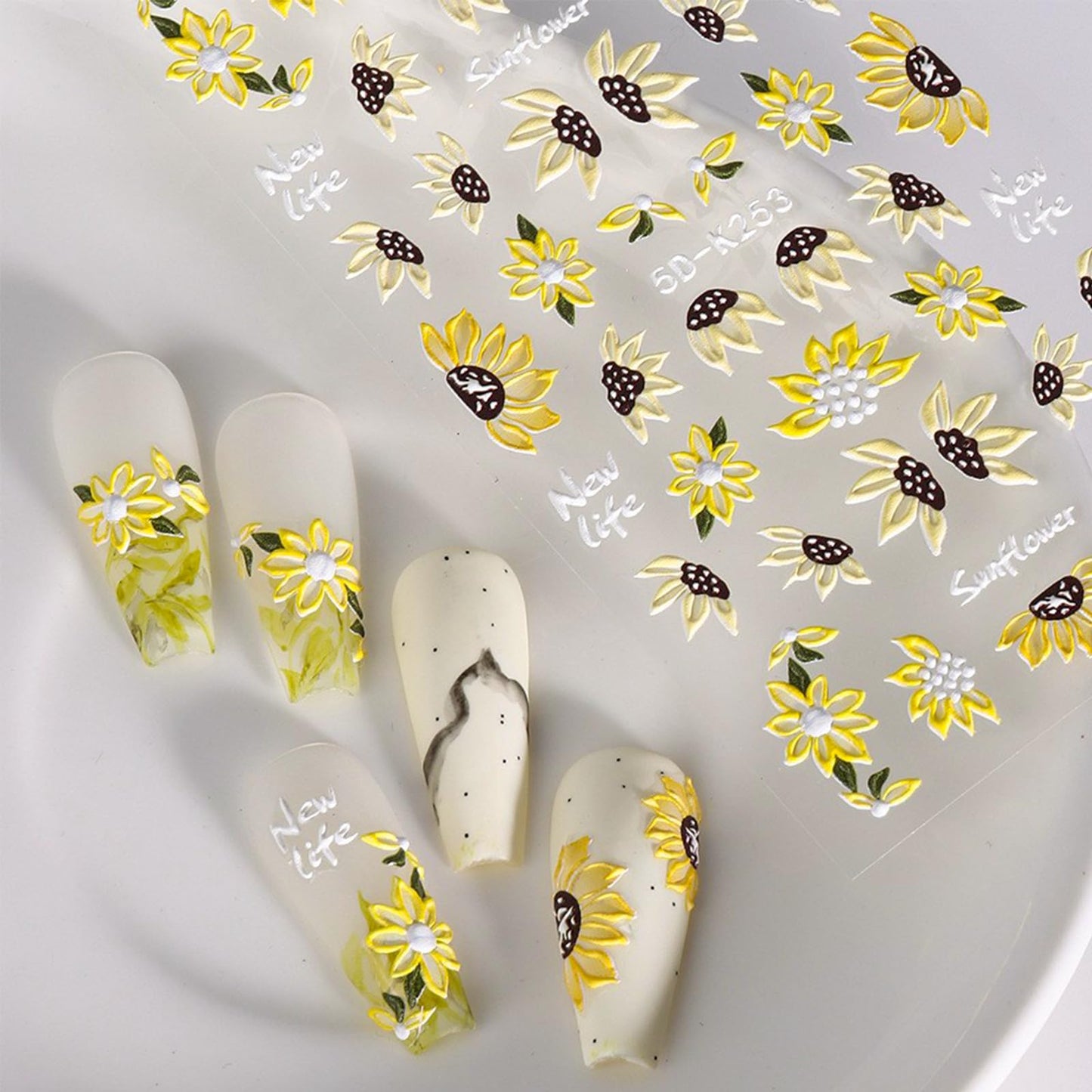 5D Embossed Sunflower Nail Art Stickers Self-Adhesive Flower Nail Decals Engraved Floral Summer Nail Sticker Acrylic Nail Art for Women Girls Manicure Decoration 4 Sheets