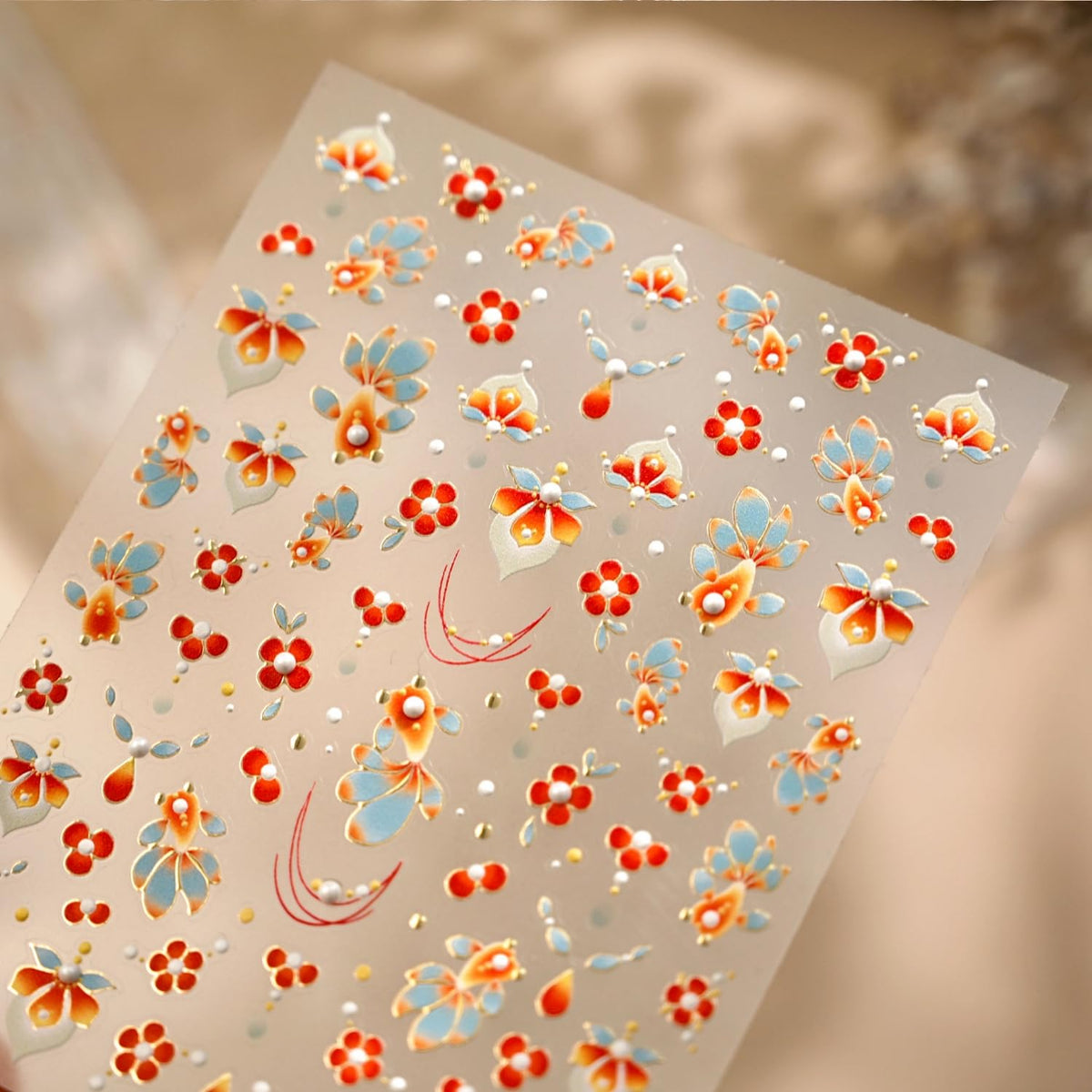 Summer Nail Stickers for Nail Art 5D Embossed Red Flower Nail Decals Koi Fish Nail Art Stickers with Pearl Design Spring Nail Charms Supplies for Women Girls